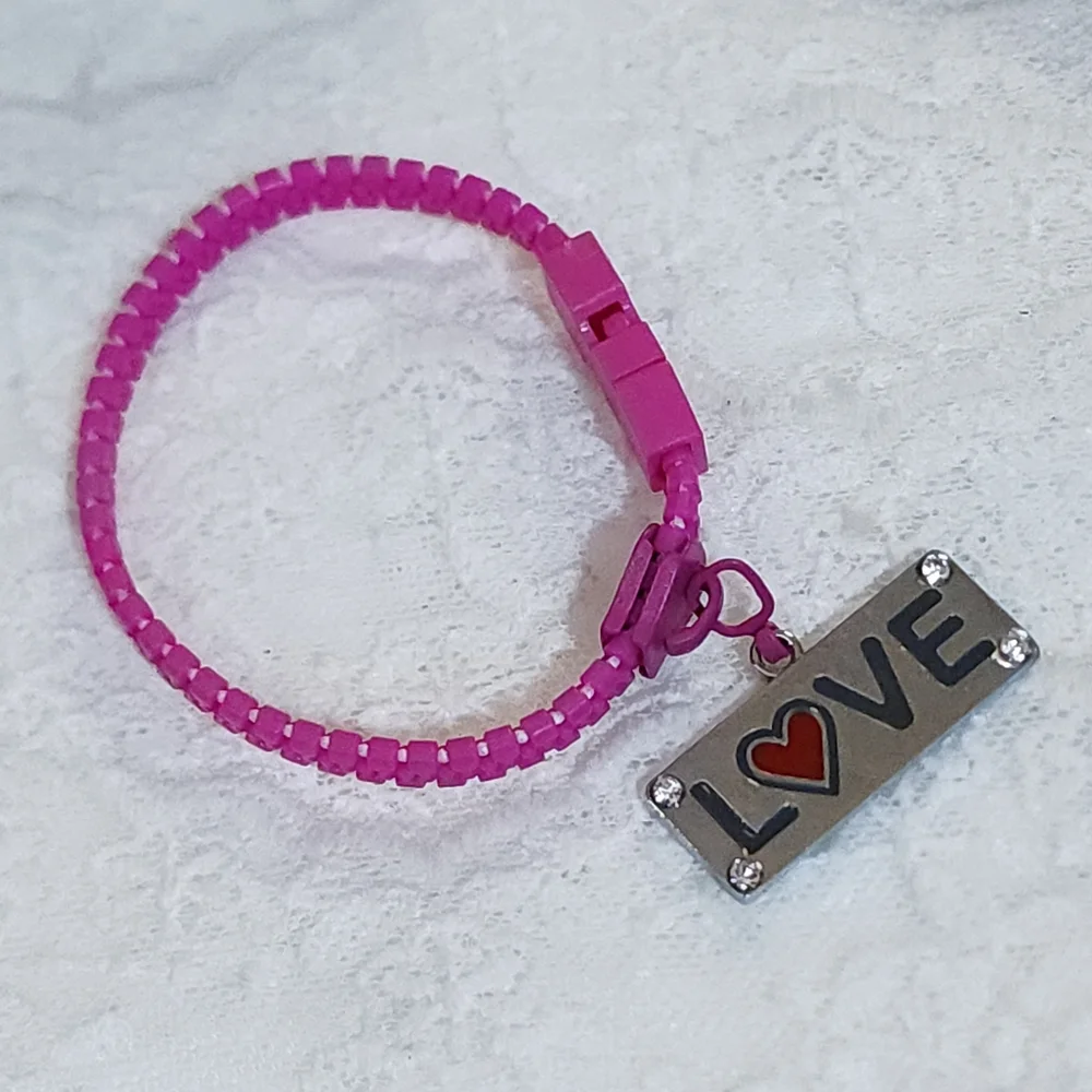 Kids Pink Zipper Bracelet with Love Charm